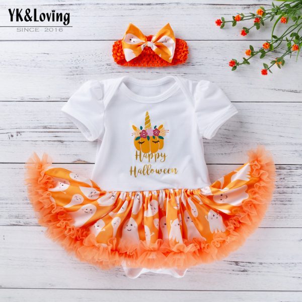 跨境欧美宝宝万圣节服装新生儿衣服印花幽灵南瓜短袖哈衣裙2件套
