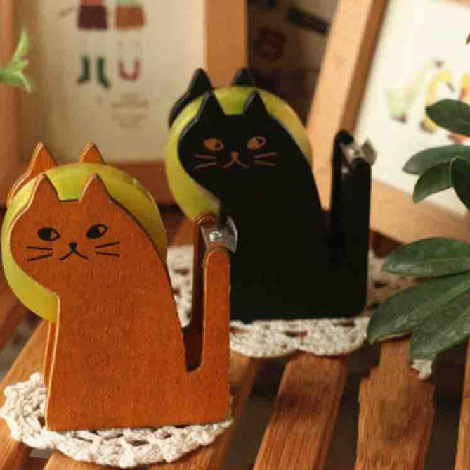 木质桌面文具用品 可爱木制动物小猫胶带座 胶带切割器 定制厂家