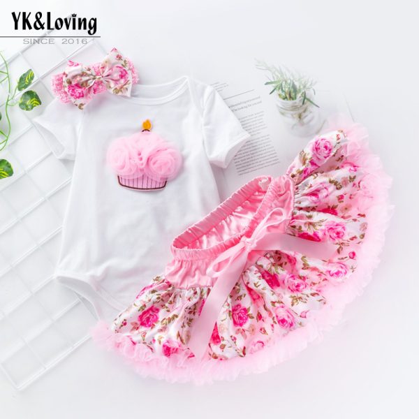 婴儿夏装白色短袖哈衣粉色公主裙套装女宝宝生日周岁节日派对服潮