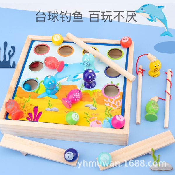 新款木制台球钓鱼杠杆游戏三合一亲子互动趣味多功能桌面游戏玩具