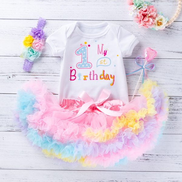 婴童套装夏季女宝宝生日周岁服印花1字短袖哈衣公主裙3件套派对服