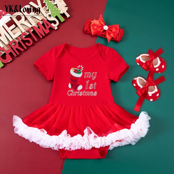 跨境童装女宝宝圣诞节派对节日服卡通老人树哈衣裙鞋子发饰3件套
