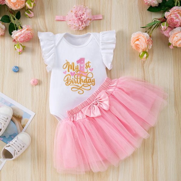 韩版女宝宝周岁生日服夏季婴幼儿飞袖刺绣1字网纱半身裙发饰3件套