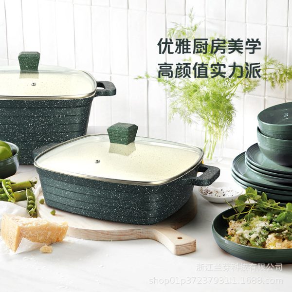 跨境通用方形家用不粘锅条纹压铸铝锅厨房组合锅具套装麦饭石汤锅