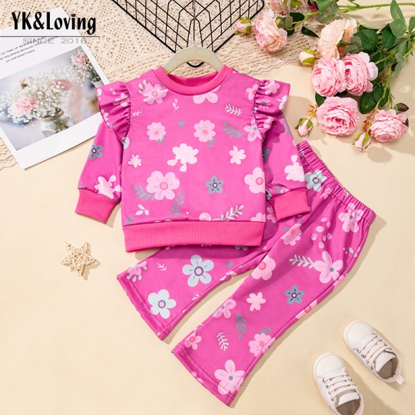 跨境批发秋冬新款韩版女童衣服长袖款飞袖肩圆领卫衣喇叭裤两件套