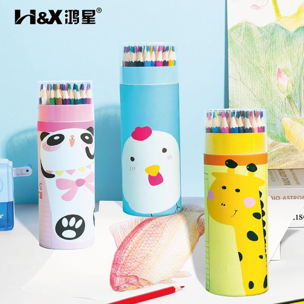 鸿星文具彩色铅笔批发 油性彩铅笔桶装彩笔 12色24色36色48色彩铅