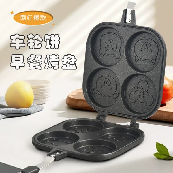 厂家方形车轮饼烤盘双面四孔动物鸡蛋饼不粘锅家用多功能早餐煎锅