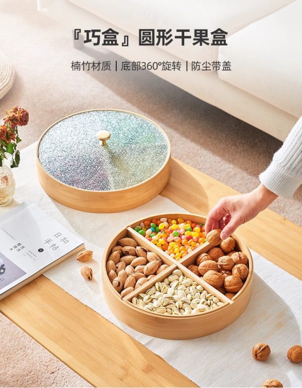 曲天下新中式实木可旋转糖果盒新年家用分格坚果盘带盖零食干果盘 - Image 6