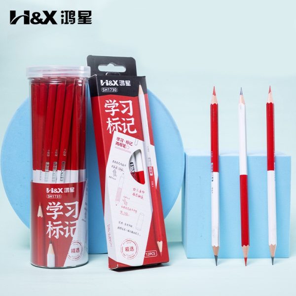 鸿星文具学习标记两用铅笔 红色铅芯修订双头HB铅笔 六角杆木铅笔
