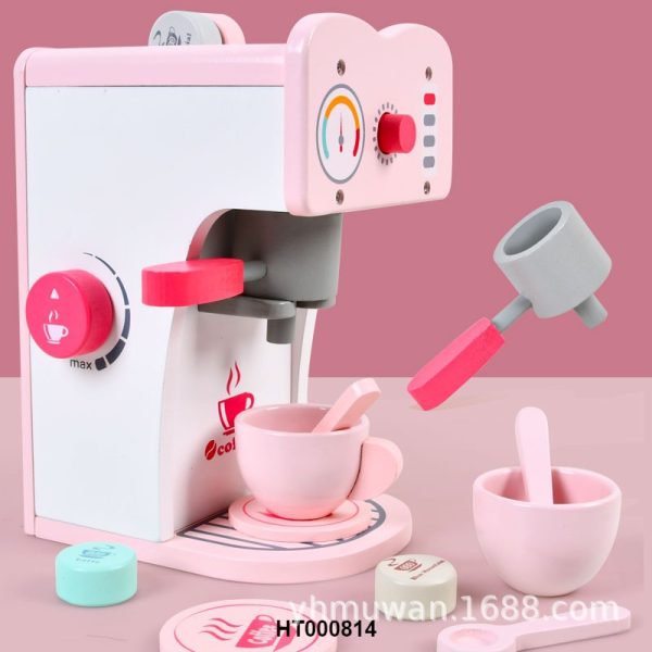木质儿童过家家玩具咖啡机女孩仿真粉色厨房玩具套装