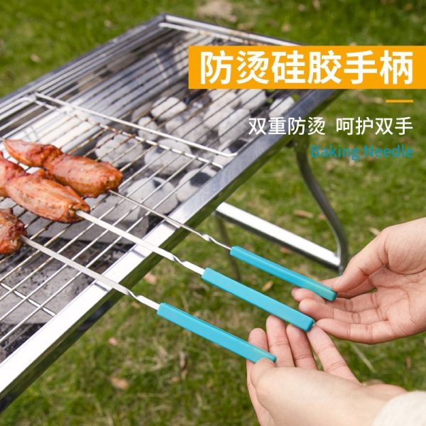 防烫不锈钢硅胶烤针 户外露营烧烤配件 烧烤硅胶扁烤针5支装批发