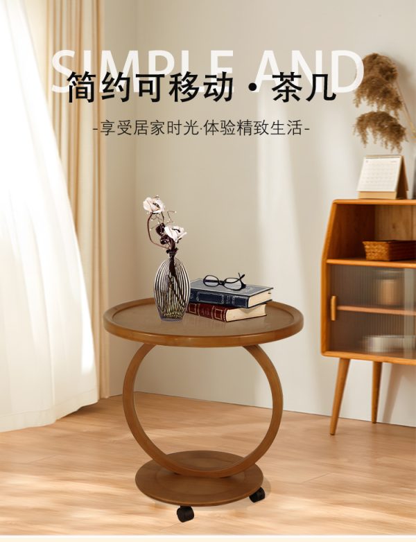 曲天下轻奢简约移动茶几创意带轮小圆桌边几北欧风实木桌面置物架 - Image 6