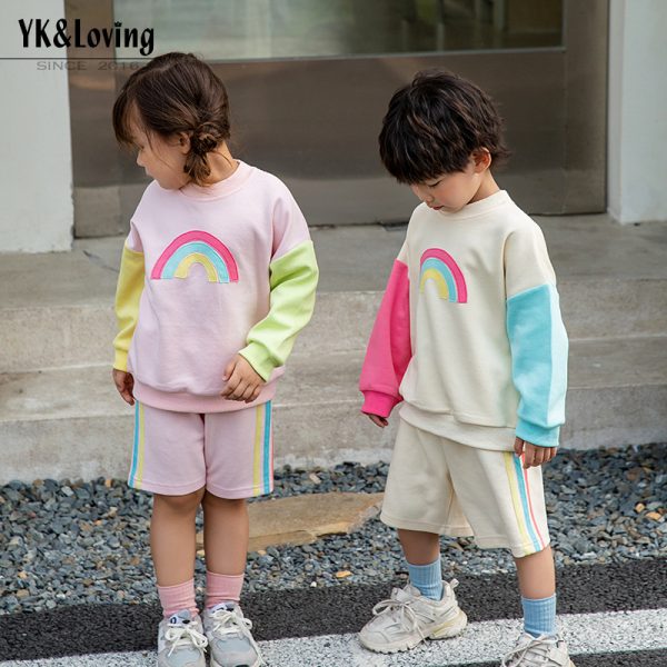 儿童卫衣套装春秋男女童休闲运动服小童刺绣彩虹时髦外出服2件套