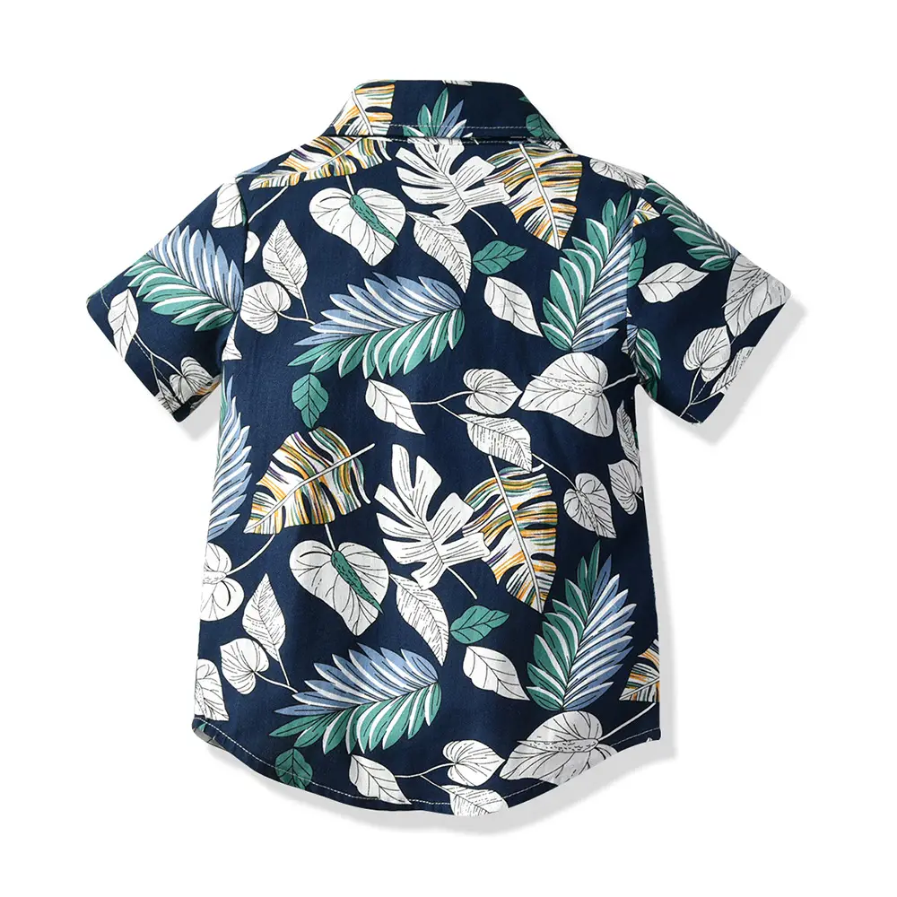 欧美 童装男童翻领印花树叶短袖衬衫短裤儿童套装夏厂家批发