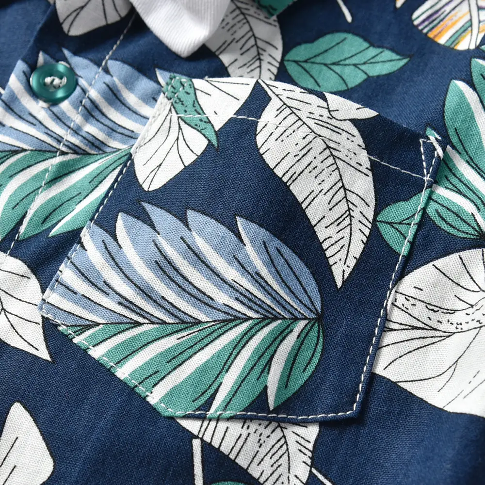 欧美 童装男童翻领印花树叶短袖衬衫短裤儿童套装夏厂家批发