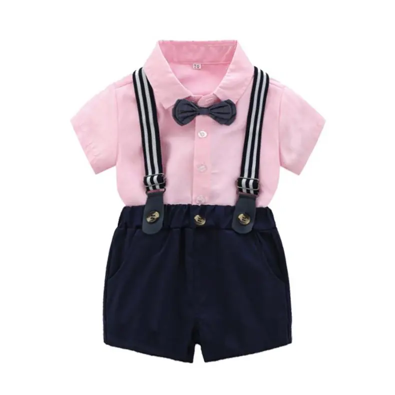 现货夏季英伦婴幼童男宝宝绅士套装短袖短裤领结背带四件套代发