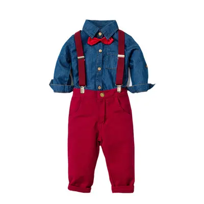 加工定制 跨境外贸童装婴幼服饰男宝宝短袖爬服领结背带套装礼服