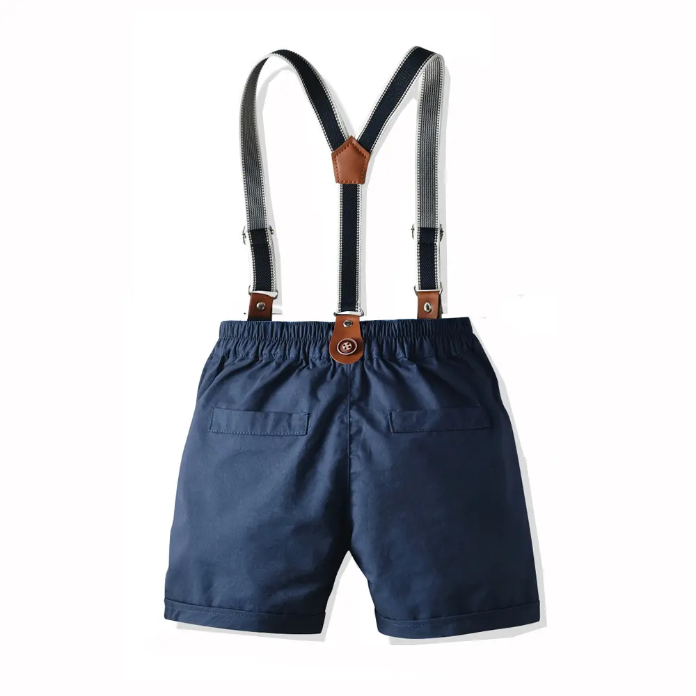 跨境夏季男童装领结绅士背带短裤短袖衬衫四件套欧美儿童套装纯棉