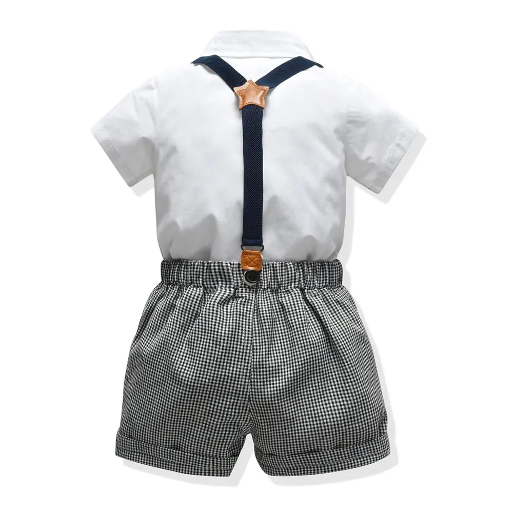 春夏新款男童套装翻领短袖白衬衫礼服千鸟格子背带短裤代发男孩