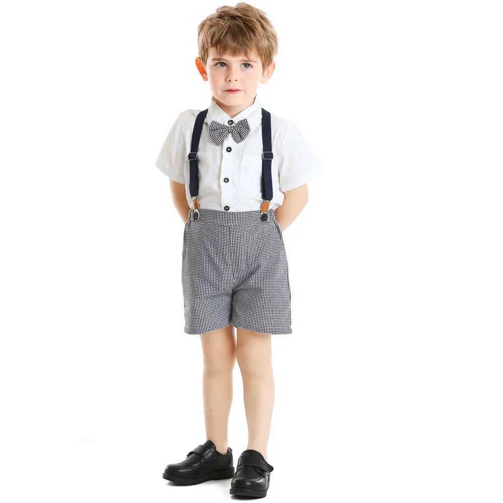 春夏新款男童套装翻领短袖白衬衫礼服千鸟格子背带短裤代发男孩