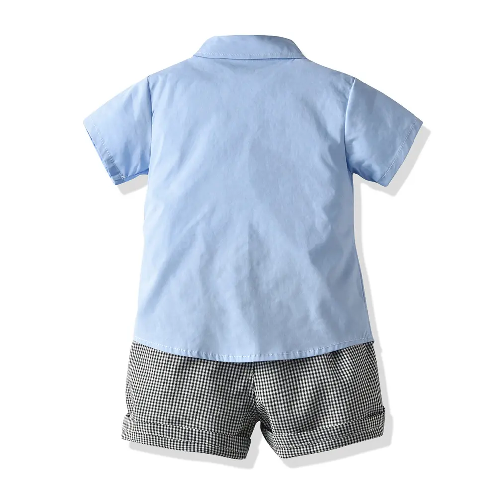 春夏新款男童套装翻领短袖白衬衫礼服千鸟格子背带短裤代发男孩