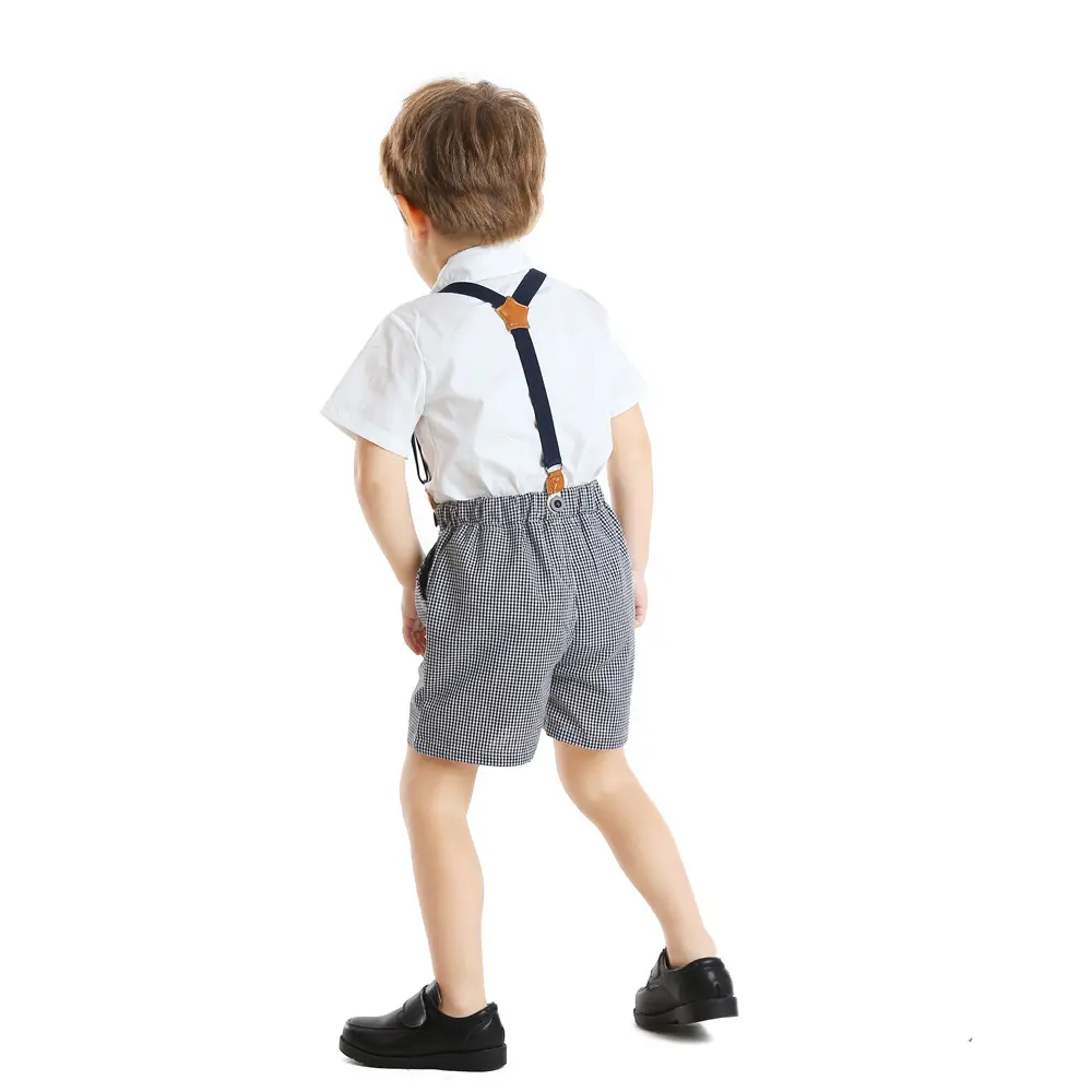 春夏新款男童套装翻领短袖白衬衫礼服千鸟格子背带短裤代发男孩