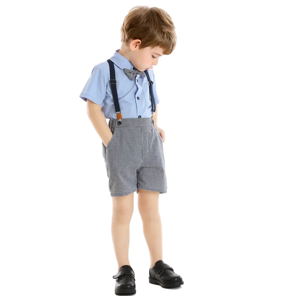 春夏新款男童套装翻领短袖白衬衫礼服千鸟格子背带短裤代发男孩