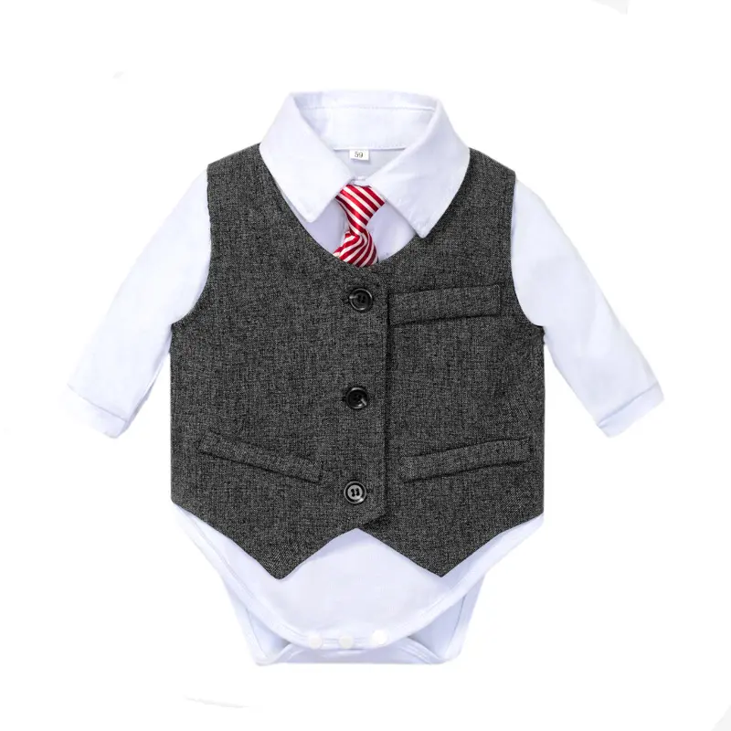 加工定制 春秋新款 跨境男童绅士服 爬服马甲领带多件套 三角爬服