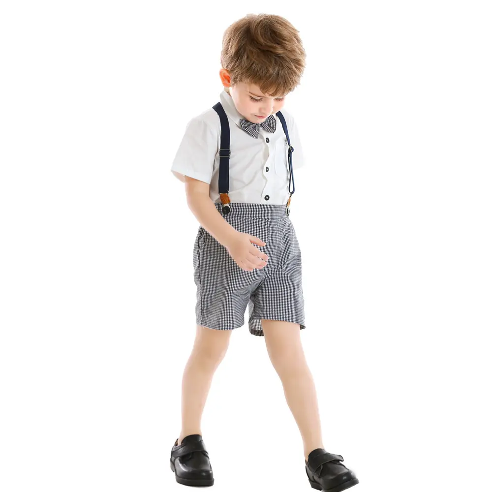 春夏新款男童套装翻领短袖白衬衫礼服千鸟格子背带短裤代发男孩