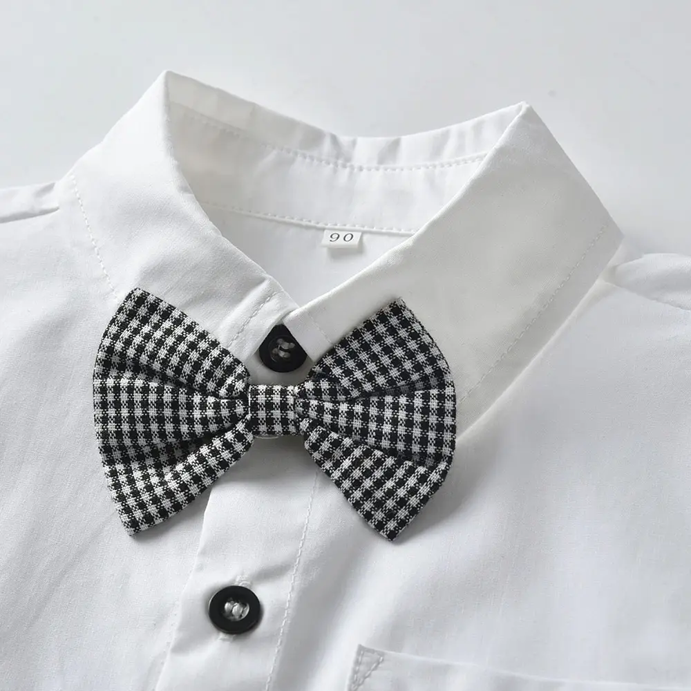 春夏新款男童套装翻领短袖白衬衫礼服千鸟格子背带短裤代发男孩