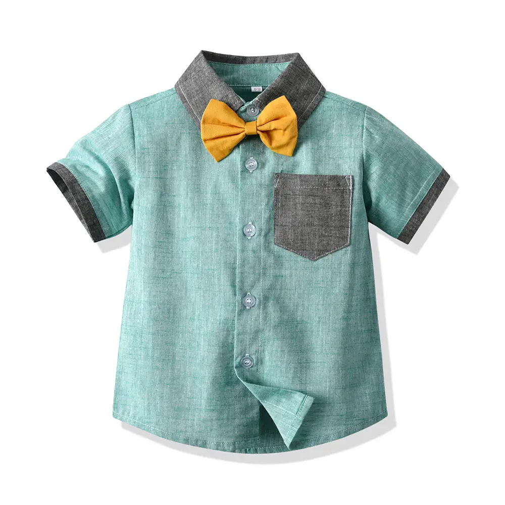 加工定制 跨境 夏季新款 男童套装时尚翻领拼接短袖衬衫短裤背带