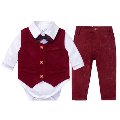 加工定制 跨境外贸童装婴幼服饰男宝宝短袖爬服领结背带套装礼服