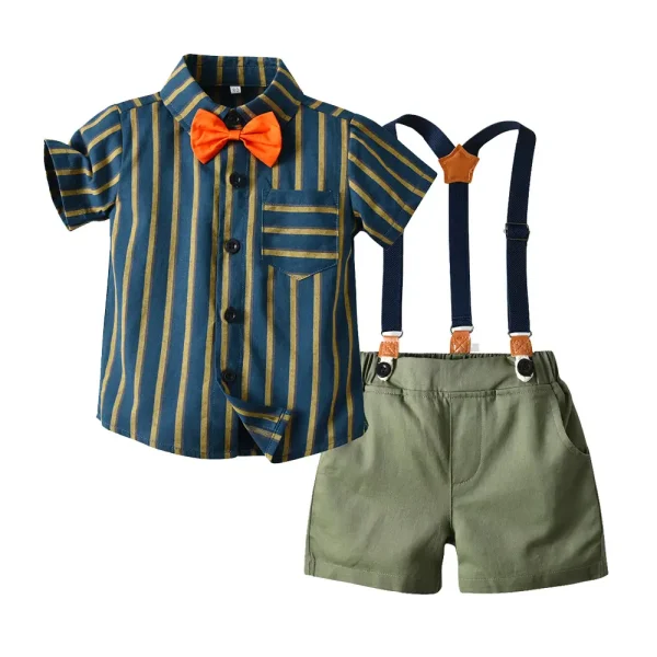 童装2023夏季新款儿童韩版服装批发男童条纹短袖衬衫松紧背带裤子