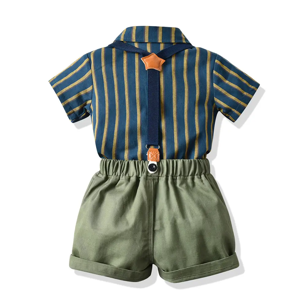 童装2023夏季新款儿童韩版服装批发男童条纹短袖衬衫松紧背带裤子