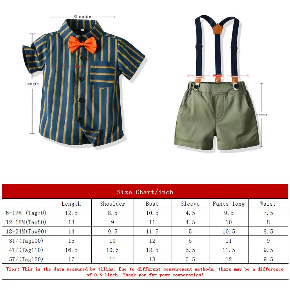 童装2023夏季新款儿童韩版服装批发男童条纹短袖衬衫松紧背带裤子