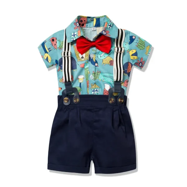 外贸男童绅士服男宝卡通动植物爬服短袖哈衣短裤领结童装一件代发