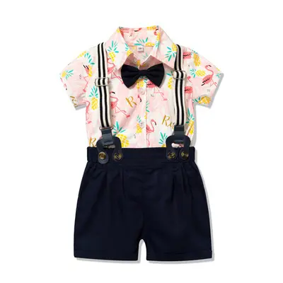 加工定制 跨境 男宝宝夏季新款绅士服印花领结短袖背带裤爬服套装