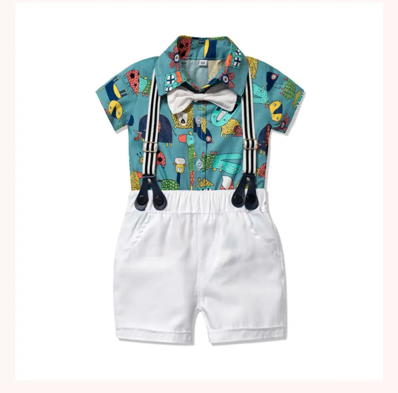 加工定制外贸男童绅士服男宝卡通动植物爬服短袖哈衣短裤领结童装