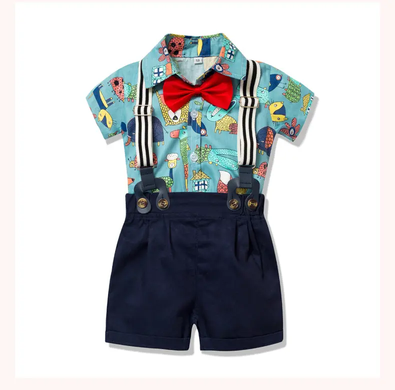 加工定制外贸男童绅士服男宝卡通动植物爬服短袖哈衣短裤领结童装