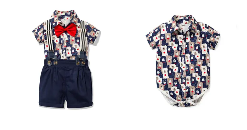 加工定制直销跨境男童卡通熊短袖短裤爬服男宝宝夏季新款绅士哈衣