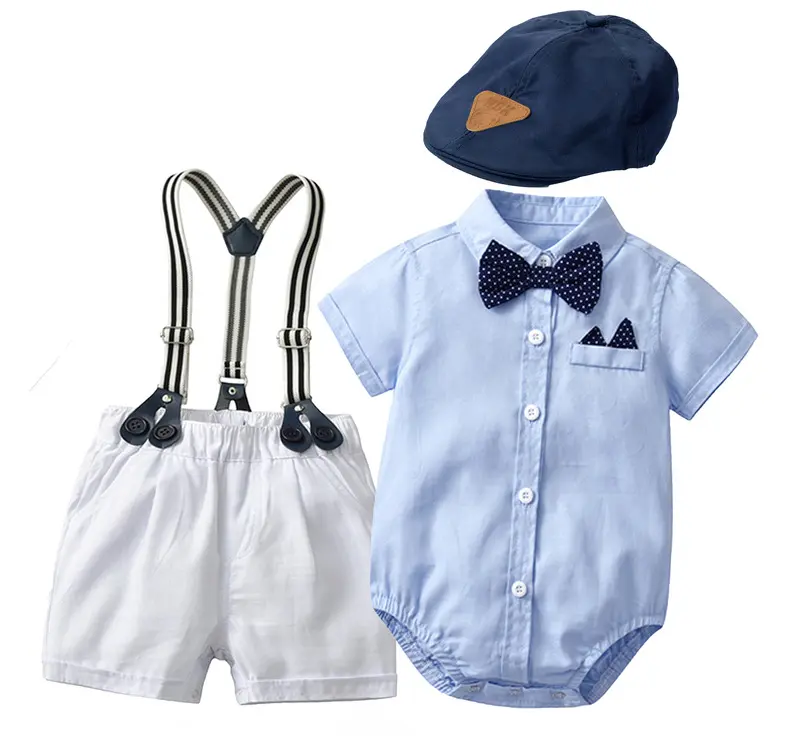 加工定制夏季新款儿童套装男宝宝绅士哈衣套装 短袖短裤爬服+帽子