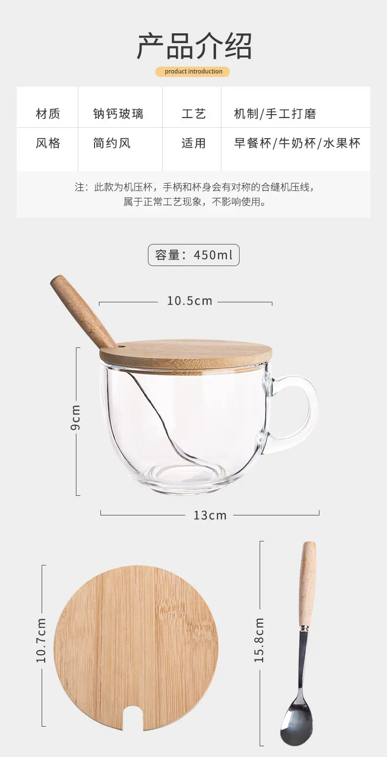 家用ins风简约咖啡牛奶杯早茶碗 带把手带盖带勺燕麦碗 玻璃茶碗