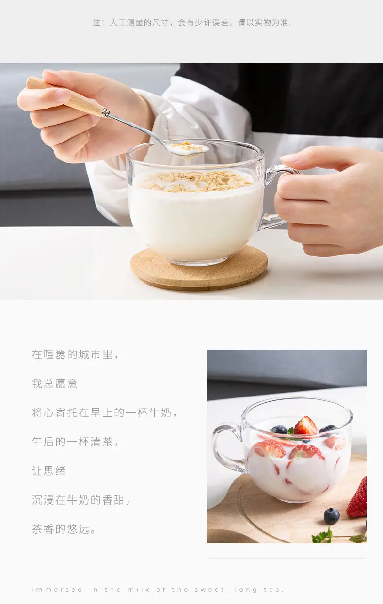 家用ins风简约咖啡牛奶杯早茶碗 带把手带盖带勺燕麦碗 玻璃茶碗