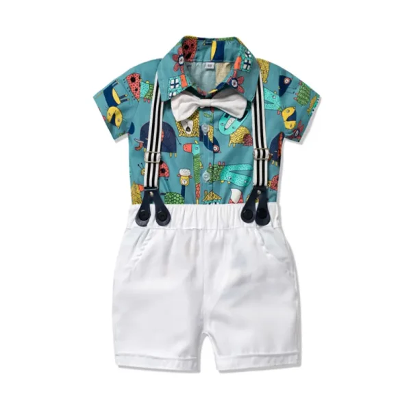 外贸男童绅士服男宝卡通动植物爬服短袖哈衣短裤领结童装一件代发
