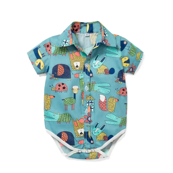 外贸男童绅士服男宝卡通动植物爬服短袖哈衣短裤领结童装一件代发