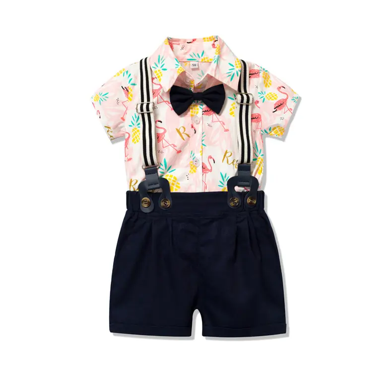 跨境 男宝宝绅士套装 卡通哈衣短裤背带领结四件套厂家直销 代发