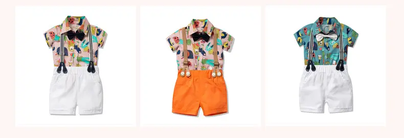 加工定制外贸男童绅士服男宝卡通动植物爬服短袖哈衣短裤领结童装