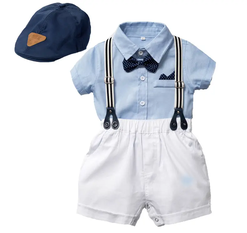 加工定制夏季新款儿童套装男宝宝绅士哈衣套装 短袖短裤爬服+帽子