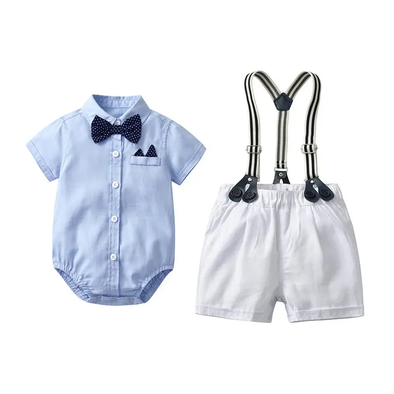 现货夏季新款儿童套装男宝宝绅士哈衣套装 短袖短裤爬服+帽子代发