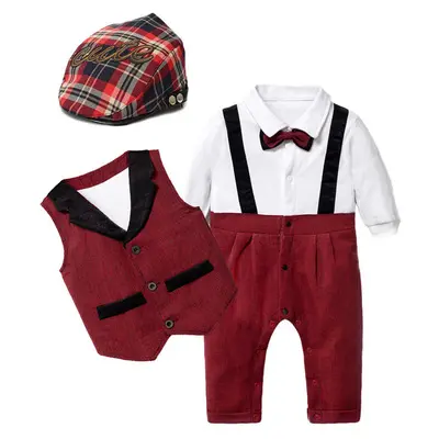 加工定制 跨境外贸童装婴幼服饰男宝宝短袖爬服领结背带套装礼服